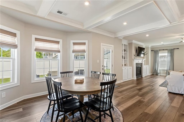 2316 William D Lee Ct, Virginia Beach, VA 23456 - dining space with dark wood finished floors, a glass covered fireplace, beamed ceiling, plenty of natural light, and baseboards