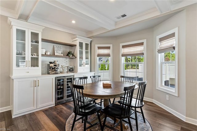 2316 William D Lee Ct, Virginia Beach, VA 23456 - dining room with wine cooler, beamed ceiling, dark wood-style floors, baseboards, and crown molding