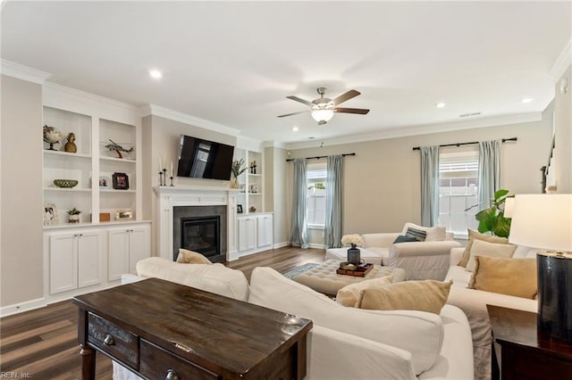 2316 William D Lee Ct, Virginia Beach, VA 23456 - living room featuring a ceiling fan, dark wood-style floors, healthy amount of natural light, crown molding, and recessed lighting