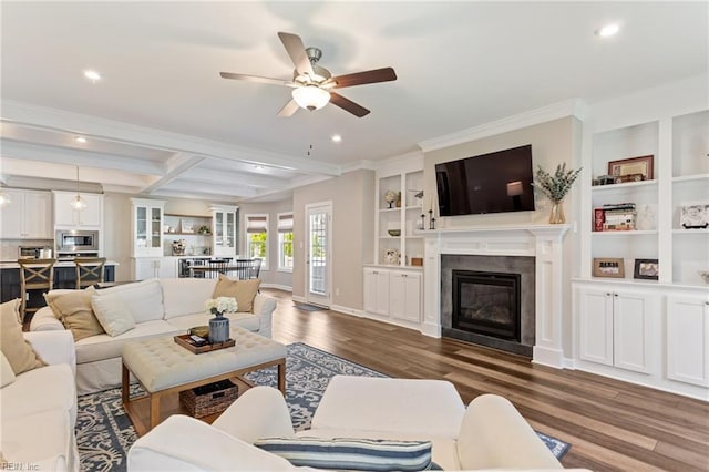 2316 William D Lee Ct, Virginia Beach, VA 23456 - living room with a glass covered fireplace, wood finished floors, recessed lighting, a ceiling fan, and crown molding