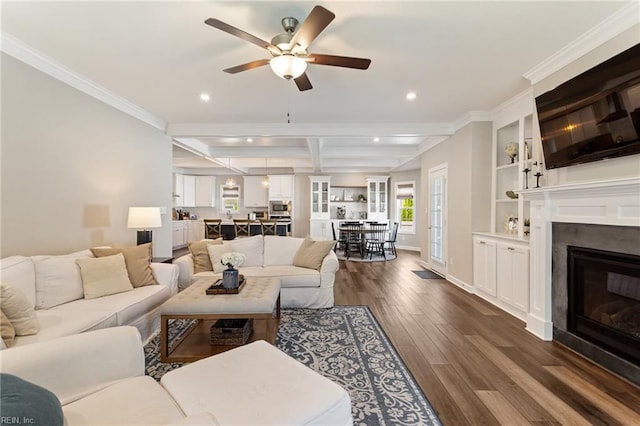 2316 William D Lee Ct, Virginia Beach, VA 23456 - living area with dark wood-style floors, recessed lighting, crown molding, a glass covered fireplace, and a ceiling fan