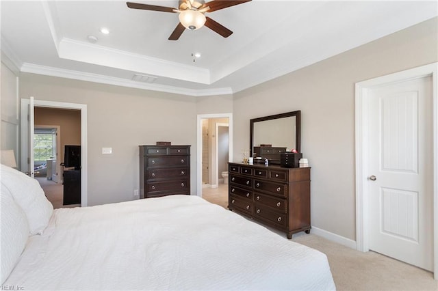 2316 William D Lee Ct, Virginia Beach, VA 23456 - bedroom featuring a raised ceiling, light carpet, crown molding, connected bathroom, and ceiling fan