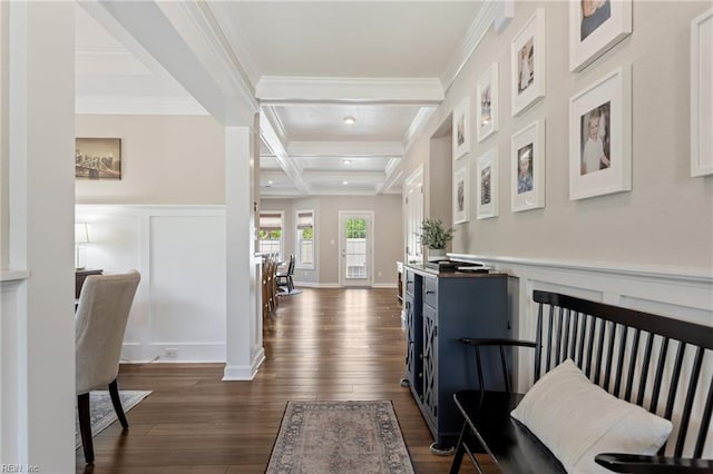 2316 William D Lee Ct, Virginia Beach, VA 23456 - foyer with a decorative wall, beamed ceiling, a wainscoted wall, crown molding, and dark wood finished floors