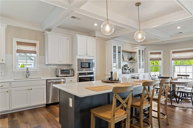 2316 William D Lee Ct, Virginia Beach, VA 23456 - kitchen with appliances with stainless steel finishes, a sink, coffered ceiling, a kitchen island, and white cabinetry