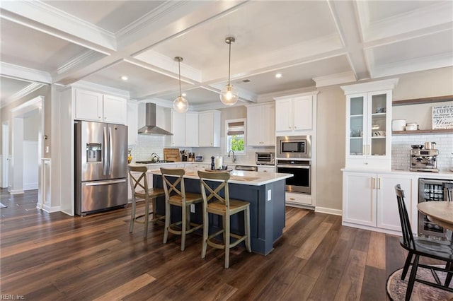 2316 William D Lee Ct, Virginia Beach, VA 23456 - kitchen featuring stainless steel appliances, coffered ceiling, wall chimney range hood, a breakfast bar area, and white cabinets
