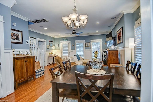 9527 24th Bay St, Norfolk, VA 23518 - dining room featuring ornamental molding, ceiling fan, a wainscoted wall, a chandelier, and light wood-style floors