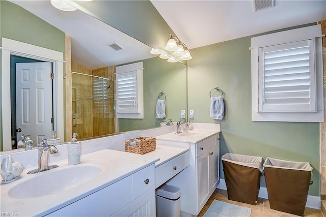 9527 24th Bay St, Norfolk, VA 23518 - bathroom featuring a shower stall, lofted ceiling, tile patterned floors, and vanity