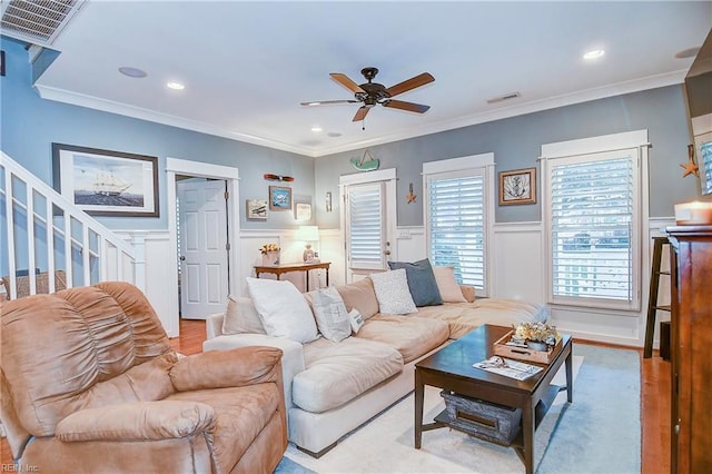 9527 24th Bay St, Norfolk, VA 23518 - living room featuring a ceiling fan, light wood-type flooring, wainscoting, stairway, and recessed lighting