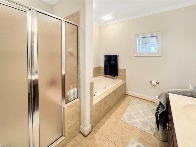 564 Riverside Dr, Lancaster, VA 22503 - bathroom featuring ornamental molding, a garden tub, a shower stall, tile patterned floors, and vanity