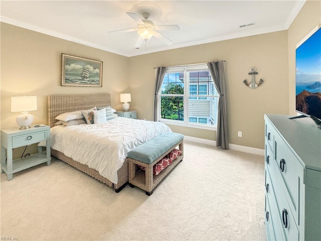 564 Riverside Dr, Lancaster, VA 22503 - bedroom featuring light carpet, ornamental molding, baseboards, and a ceiling fan