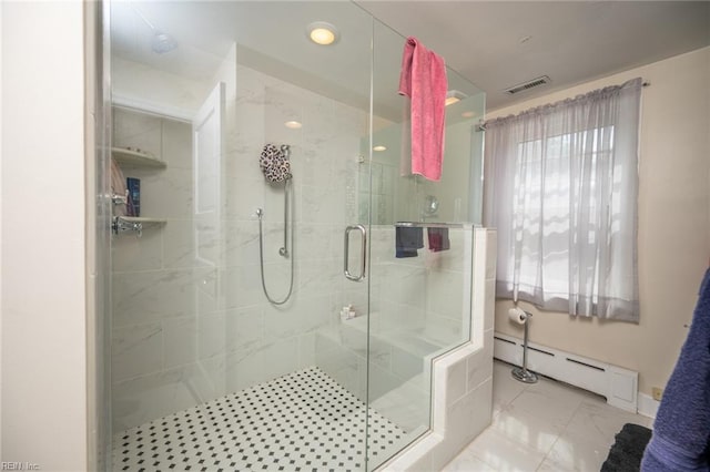 502 Pembroke Ave, Norfolk, VA 23507 - bathroom with a baseboard radiator, a stall shower, and recessed lighting