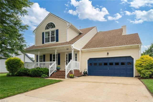 traditional-style house with covered porch, an attached garage, concrete driveway, a shingled roof, and a front lawn