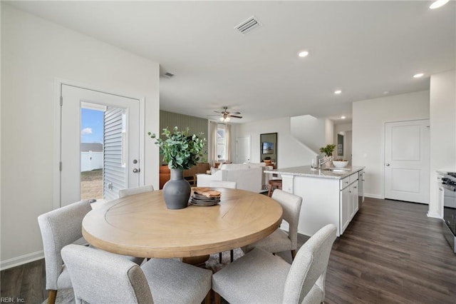 303 Mizzen Way, Elizabeth City, NC 27909 - dining room featuring dark wood-type flooring, baseboards, a ceiling fan, and recessed lighting