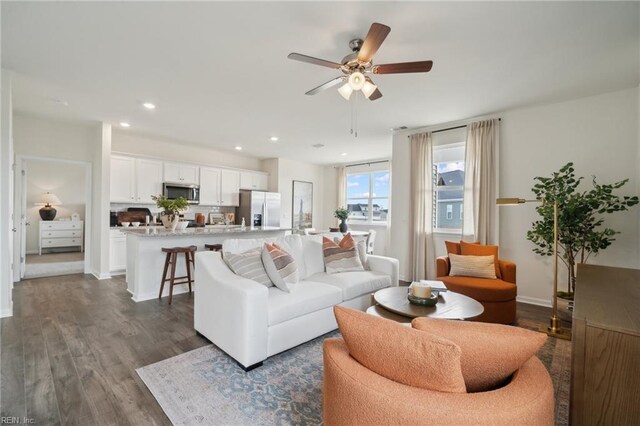 303 Mizzen Way, Elizabeth City, NC 27909 - living area with a ceiling fan, dark wood-style flooring, recessed lighting, and baseboards