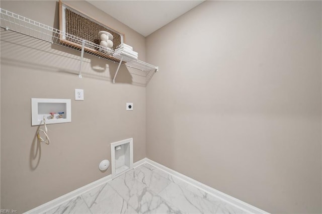 303 Mizzen Way, Elizabeth City, NC 27909 - clothes washing area with washer hookup, baseboards, light marble finish floors, hookup for a gas dryer, and hookup for an electric dryer