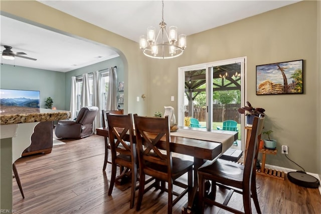 825 Wyemouth Dr, Newport News, VA 23602 - dining room featuring arched walkways, wood finished floors, a chandelier, and ceiling fan