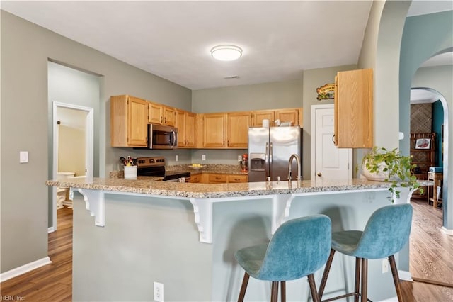 825 Wyemouth Dr, Newport News, VA 23602 - kitchen with appliances with stainless steel finishes, arched walkways, light brown cabinetry, a peninsula, and wood finished floors