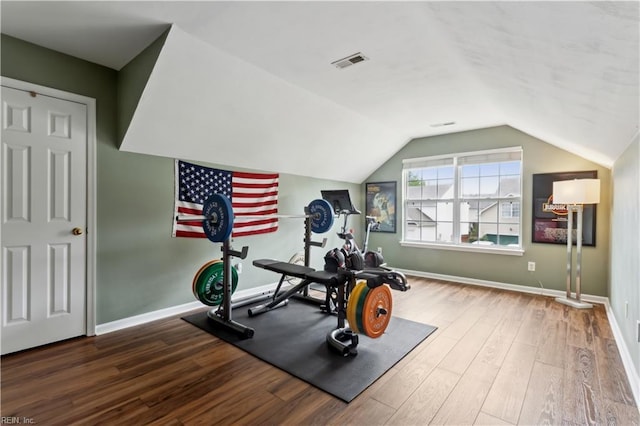 825 Wyemouth Dr, Newport News, VA 23602 - exercise area with wood finished floors, baseboards, and vaulted ceiling