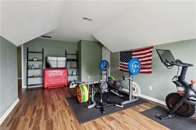 825 Wyemouth Dr, Newport News, VA 23602 - exercise room with wood finished floors, baseboards, and lofted ceiling
