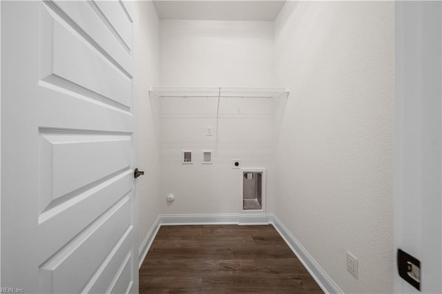 5376 Kenmere Ln, Smithfield, VA 23430 - washroom with hookup for a washing machine, hookup for an electric dryer, dark wood-style flooring, baseboards, and hookup for a gas dryer
