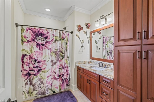 full bathroom featuring vanity, crown molding, tile patterned floors, and a shower with shower curtain