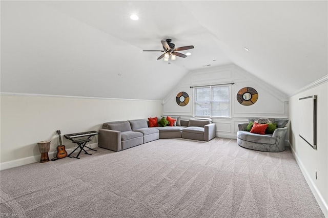 carpeted living area with ceiling fan, lofted ceiling, baseboards, and recessed lighting