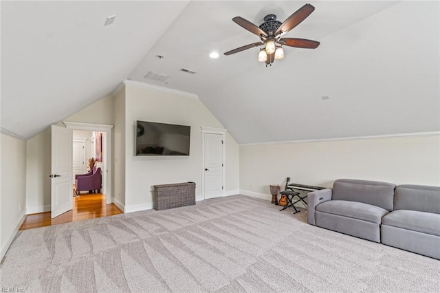 additional living space with carpet, baseboards, vaulted ceiling, ceiling fan, and recessed lighting