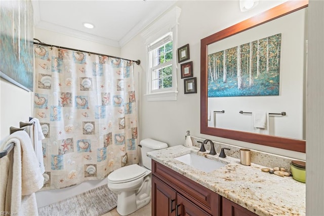 bathroom featuring ornamental molding, toilet, vanity, and shower / tub combo