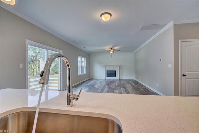 9601 9th Bay St, Norfolk, VA 23518 - kitchen featuring a sink, ornamental molding, a ceiling fan, wood finished floors, and a fireplace