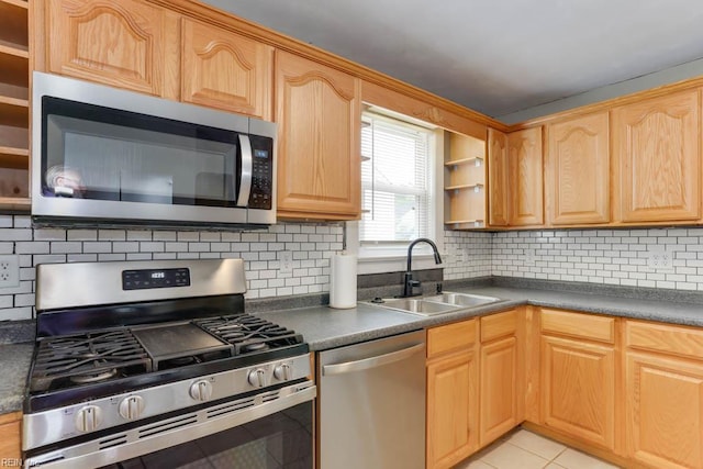 kitchen featuring appliances with stainless steel finishes, a sink, open shelves, and dark countertops