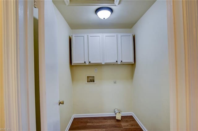 536 Willow Bend Dr, Chesapeake, VA 23323 - clothes washing area with hookup for a washing machine, cabinet space, baseboards, dark wood-style floors, and hookup for an electric dryer