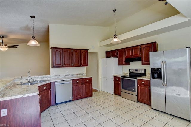 536 Willow Bend Dr, Chesapeake, VA 23323 - kitchen featuring stainless steel appliances, a sink, under cabinet range hood, dark brown cabinets, and high vaulted ceiling