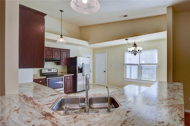 536 Willow Bend Dr, Chesapeake, VA 23323 - kitchen with stainless steel appliances, a sink, under cabinet range hood, and decorative light fixtures