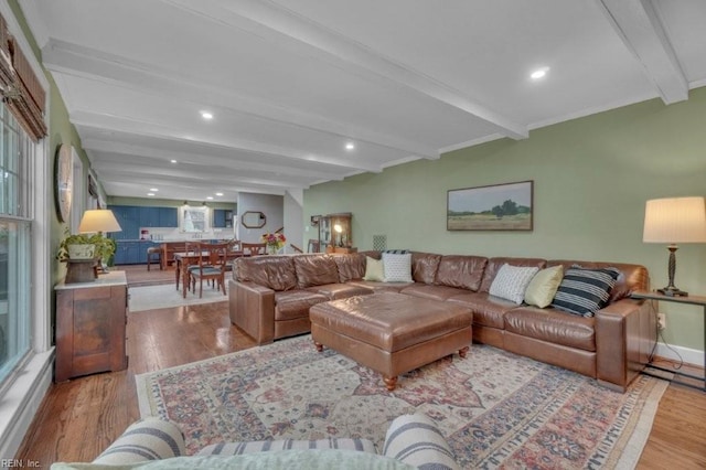 living room featuring beam ceiling, wood finished floors, and recessed lighting