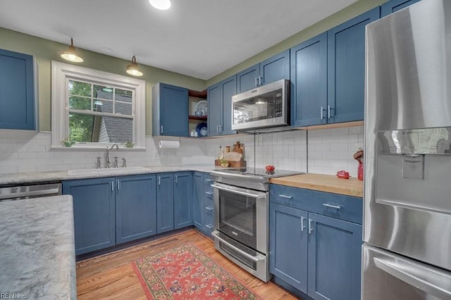 kitchen featuring stainless steel appliances, blue cabinets, a sink, and light wood finished floors
