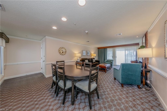 709 Graves Ordinary, Williamsburg, VA 23185 - dining space featuring carpet floors, crown molding, a textured ceiling, baseboards, and recessed lighting