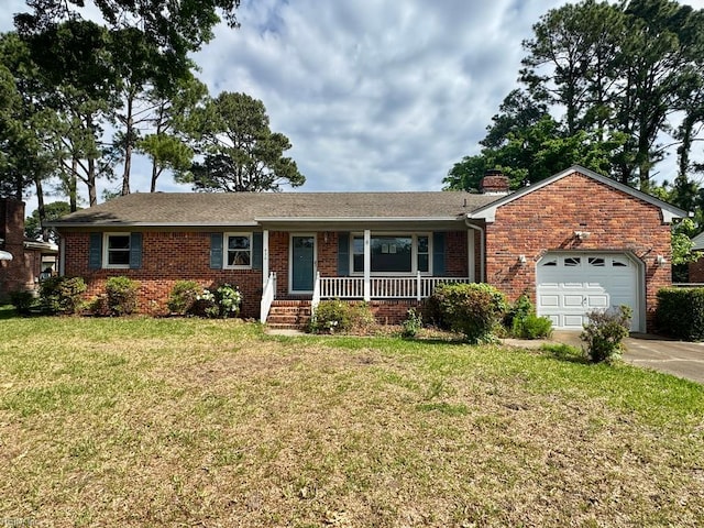 436 Clemson Ave, Chesapeake, VA 23324 - ranch-style house featuring an attached garage, a porch, brick siding, concrete driveway, and a chimney