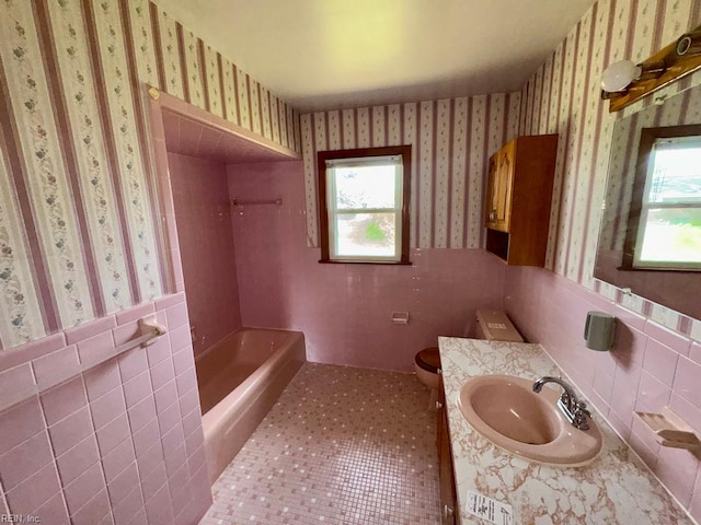 436 Clemson Ave, Chesapeake, VA 23324 - full bath with plenty of natural light, wallpapered walls, vanity,  shower combination, and tile patterned floors