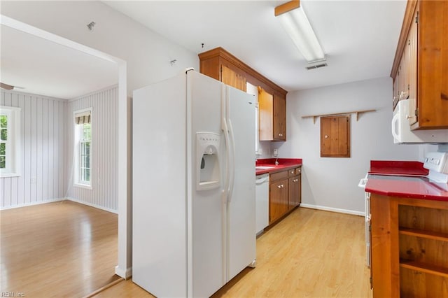 414 Bryan Ct, Newport News, VA 23606 - kitchen with white appliances, light wood finished floors, and brown cabinetry