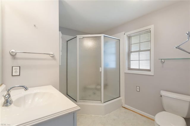 414 Bryan Ct, Newport News, VA 23606 - bathroom featuring a stall shower, toilet, vanity, and baseboards