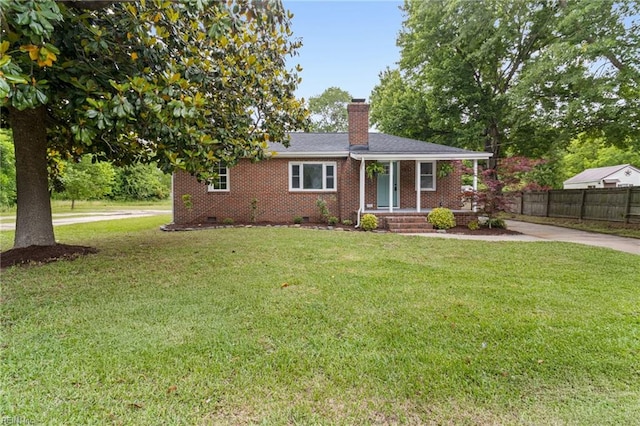 1512 Shell Rd, Chesapeake, VA 23323 - ranch-style house featuring crawl space, a chimney, concrete driveway, brick siding, and covered porch