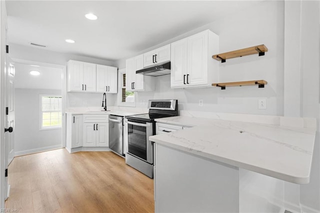 1512 Shell Rd, Chesapeake, VA 23323 - kitchen with stainless steel appliances, open shelves, under cabinet range hood, a sink, and light stone counters