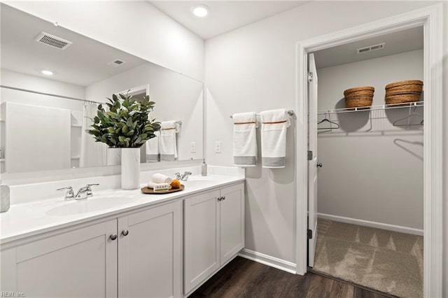 300 Mizzen Way, Elizabeth City, NC 27909 - bathroom with wood finished floors, double vanity, a walk in closet, baseboards, and recessed lighting