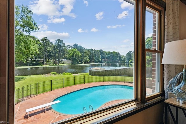 611 Windemere Rd, Newport News, VA 23602 - view of swimming pool featuring a water view, a diving board, and view of scattered trees