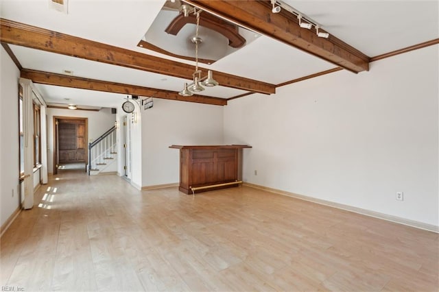611 Windemere Rd, Newport News, VA 23602 - unfurnished room featuring beam ceiling, light wood-style floors, baseboards, and stairs