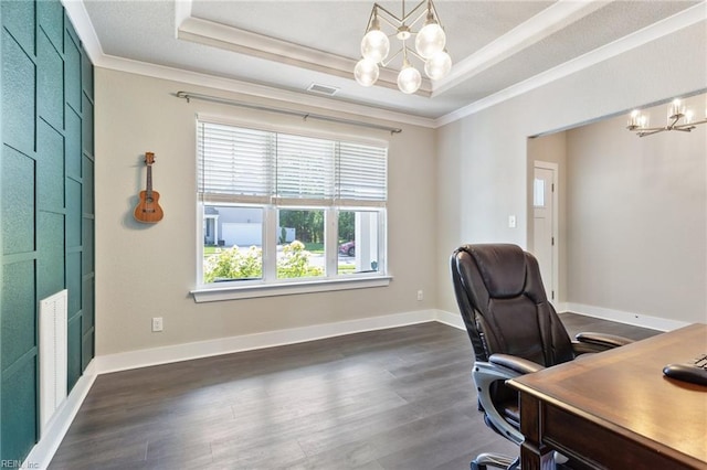 219 Dunway Ln, Chesapeake, VA 23323 - home office with a chandelier, ornamental molding, a tray ceiling, dark wood-type flooring, and baseboards