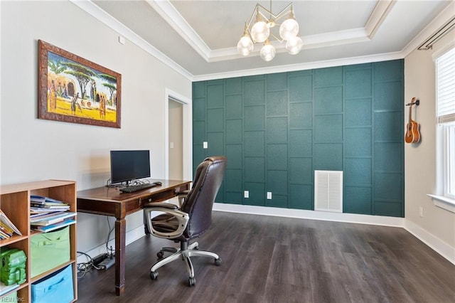 219 Dunway Ln, Chesapeake, VA 23323 - office featuring wood finished floors, a raised ceiling, a chandelier, baseboards, and ornamental molding