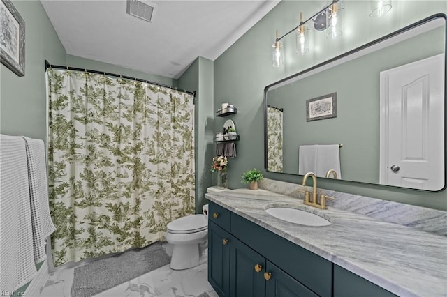 full bath featuring marble look tiles, toilet, vanity, and a shower with curtain
