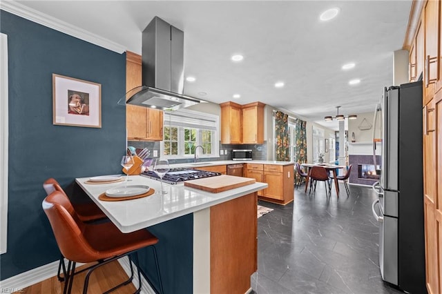 kitchen featuring stainless steel appliances, island exhaust hood, a peninsula, recessed lighting, and light countertops