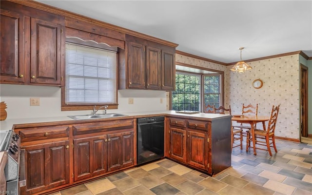 136 Crescent Dr, Franklin, VA 23851 - kitchen with black dishwasher, range, a sink, crown molding, and a peninsula